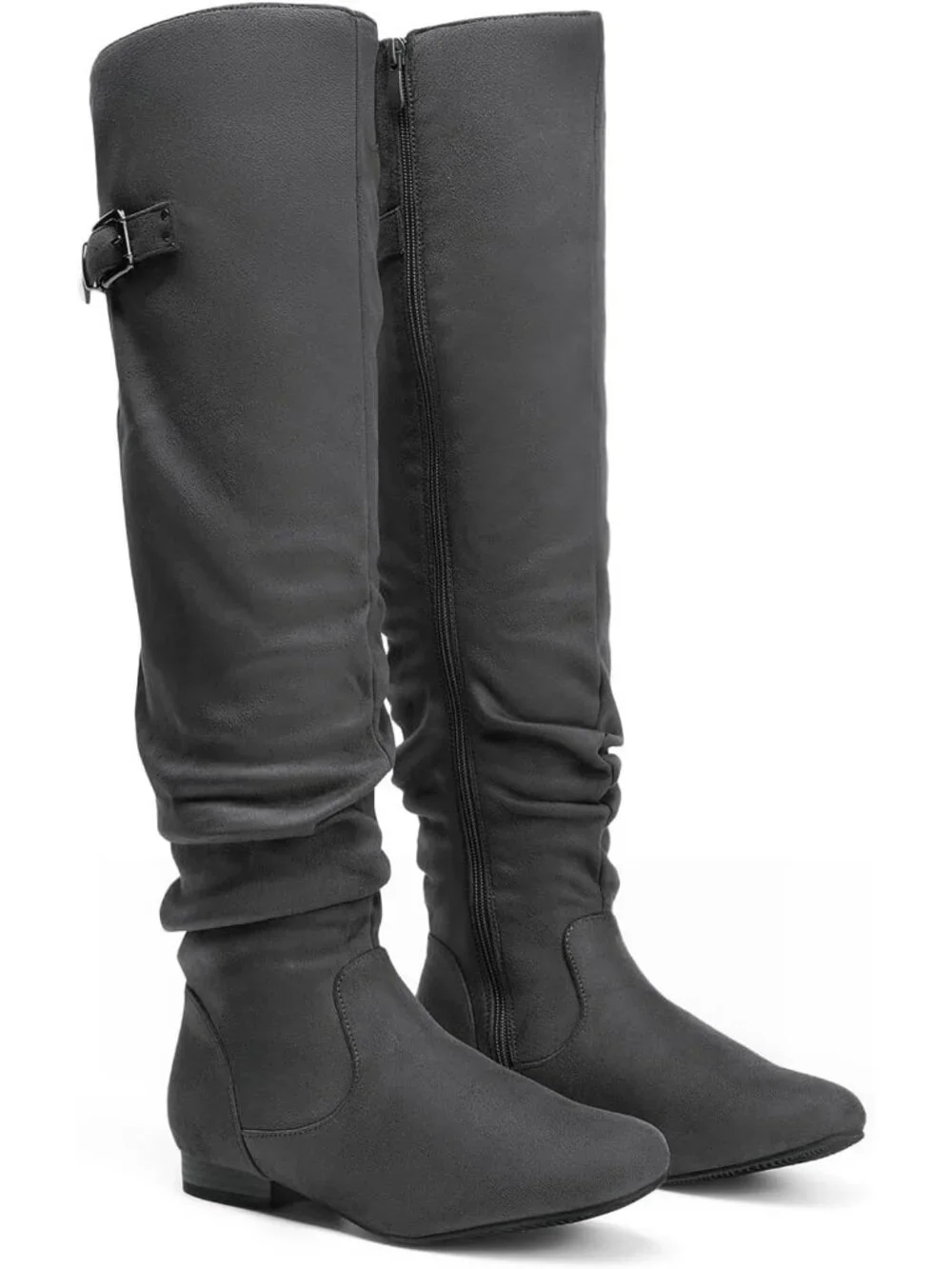 👢Women's Grey Knee High Boots Fringes Buckle Straps Chunky Heel Square Toe